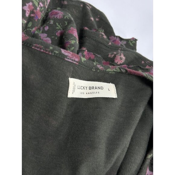 LUCKY BRAND Babydoll Top Sz L Black Pink Floral Textured Smock VNeck 100% Cotton - Picture 11 of 14
